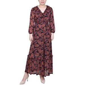 NY Collection Petite Long Sleeve Mesh Maxi Dress - Black Rust Paisley - Size PXL
